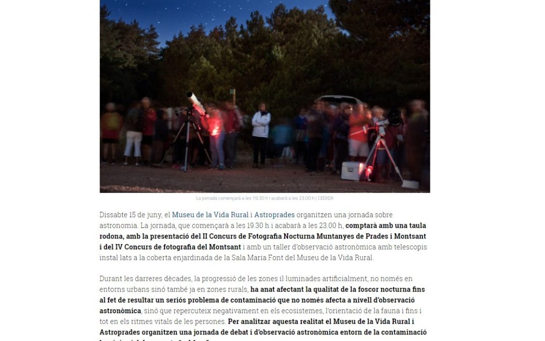 Tarragona Digital: “Jornada sobre astronomia i contaminació lumínica al Museu de la Vida Rural de l’Espluga de Francolí”
