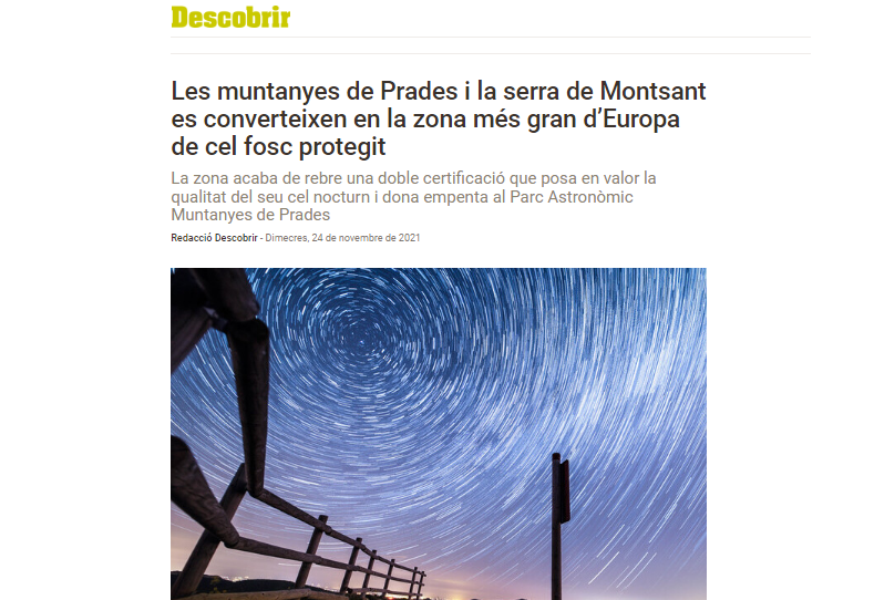 DESCOBRIR: Les muntanyes de Prades i la serra de Montsant es converteixen en la zona més gran d’Europa de cel fosc protegit