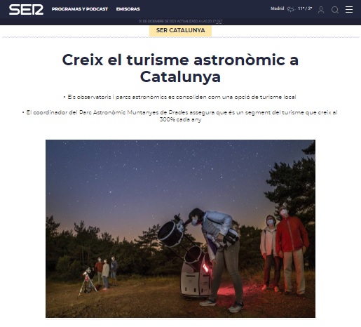 CADENA SER: Creix el turisme astronòmic a Catalunya