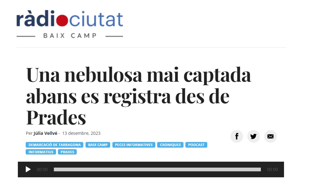 RÀDIO CIUTAT: Una nebulosa mai captada abans es registra des de Prades